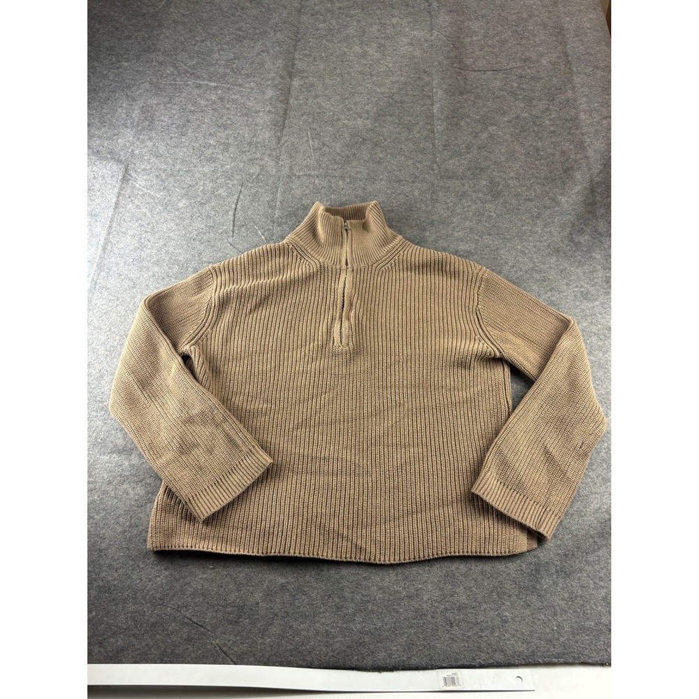 Allfenix Womens Tan Beige Ribbed Knit Quarter Zip Cotton Sweater XS Relaxed Fit